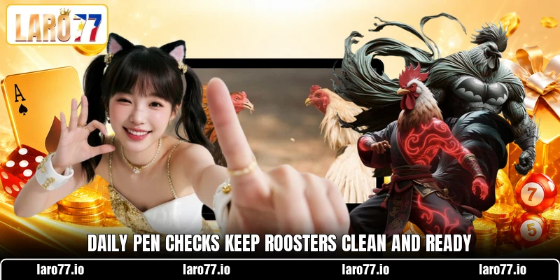 Daily pen checks keep roosters clean and ready Daily pen checks keep roosters clean and ready